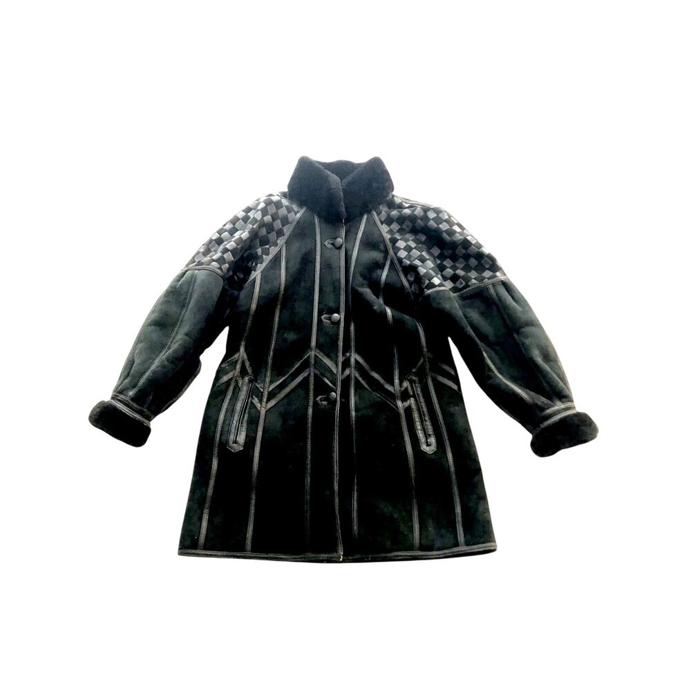 Toppolino Black Coat Fine Leatherwear Shearling Lined XS Checkered Vintage
